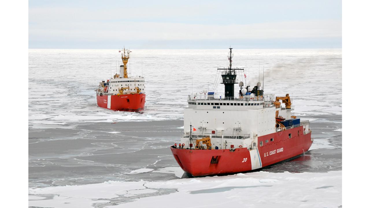 Icebreaking ships surrounded by ice